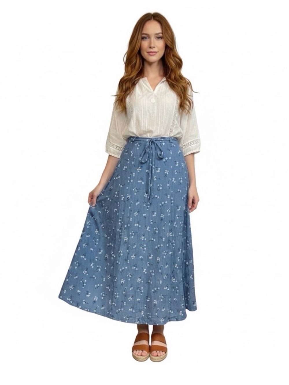 Vintage Cottagecore Blue Ditsy Floral Maxi Skirt with Tie Waist